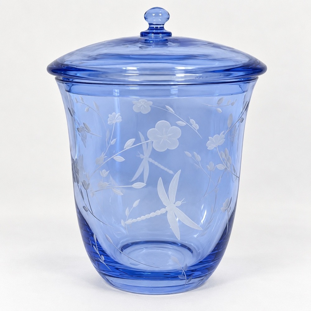 Lenox Blue Glass Etched Dragonfly Butterfly Floral Biscuit Canister Jar with Lid
